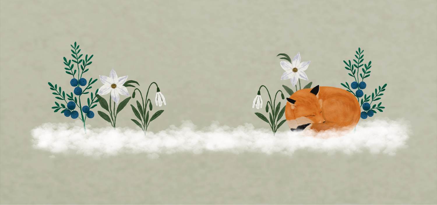 Illustration of a fox lying down with flowers and plants on a beige background